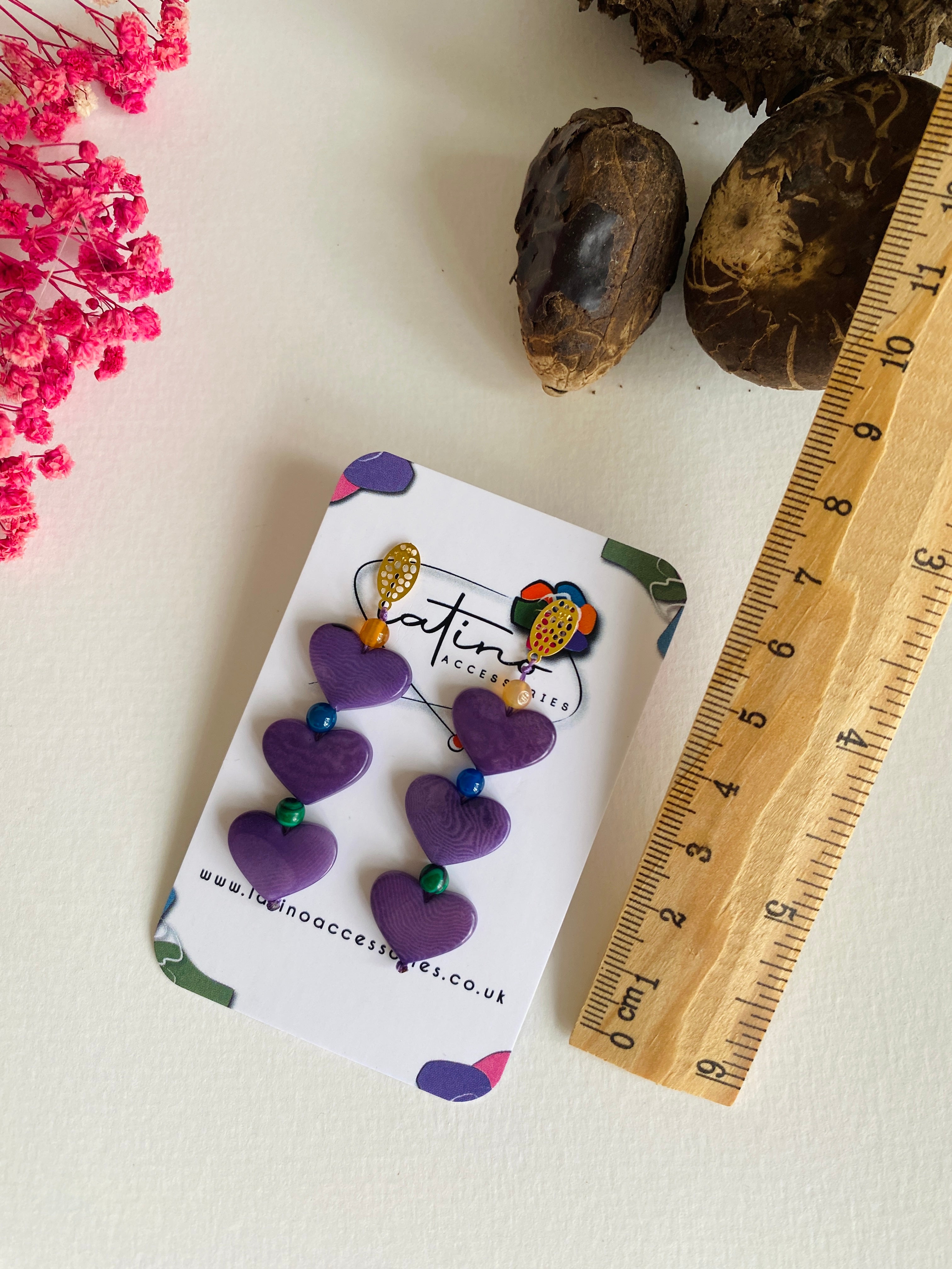 Three Hearts Tagua Earrings - Purple